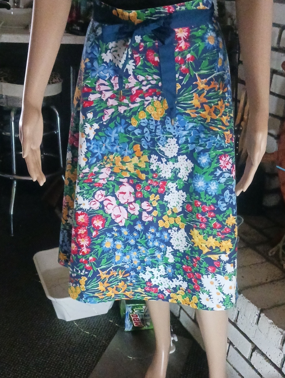Floral Midi Skirt with Navy Waist Tie